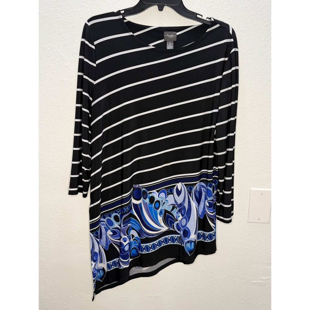 Chico's Travelers Women 2/L Black White Striped Blue Paisley Asymmetrical Tunic - Picture 12 of 12